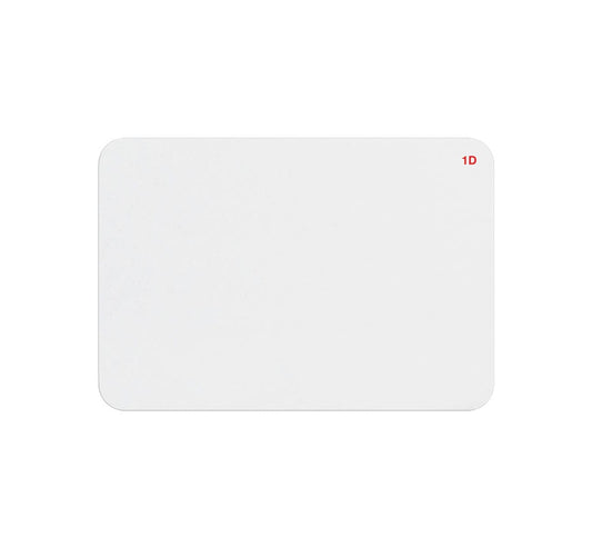 A plain white rectangular card with rounded corners, perfect for visitor management. The upper right corner is marked with "1D" in small red text, ideal for use as 1-day expiring badge front Box of 1,000 (T2020).