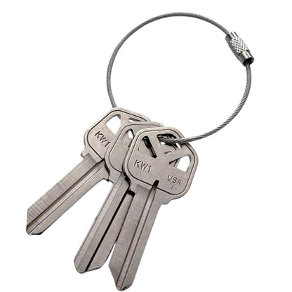 Three silver keys on a Wire Loop Luggage Tag Holder - 6 inch Metal Stainless Steel Cable Ring Connector for Keys or Luggage Tags. Sold by Specialist ID.